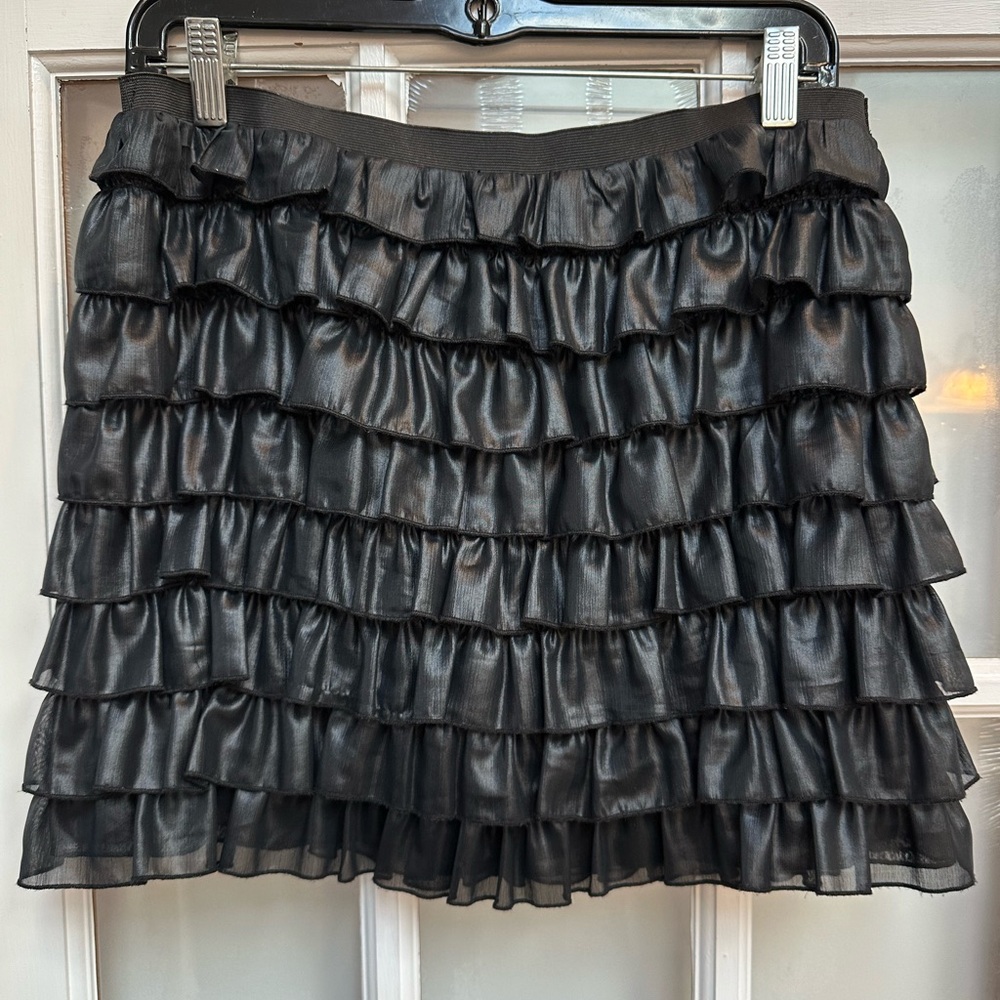 LaRok Luxe Metallic Shimmer Black Ruffled Tier Mini Skirt Party Punk Goth Size L
